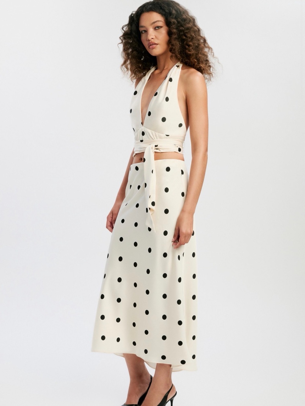 NWT Bardot Phoebe Satin Wrap Halter Top & Midi Skirt Set with Black Polka Dots